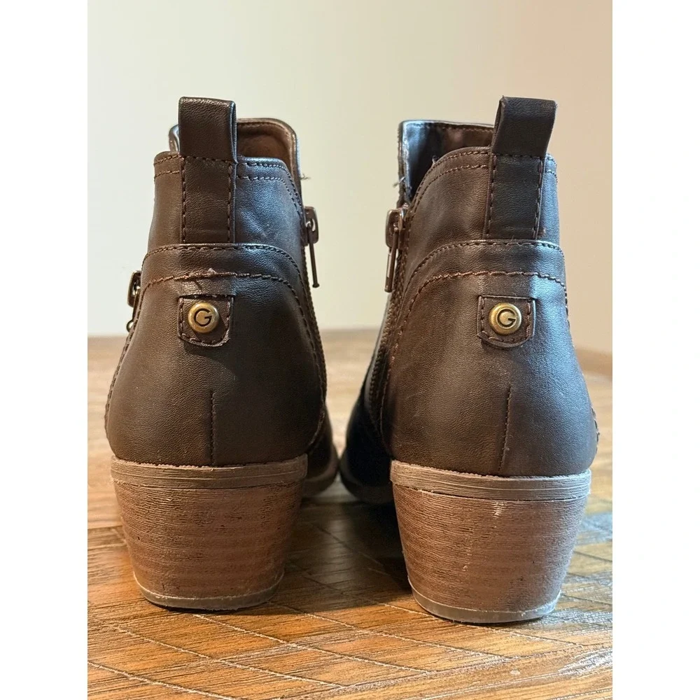 Guess Women's Brown Leather Side Zip Ankle Boots 7 Bootie‎ Block Heel Casual